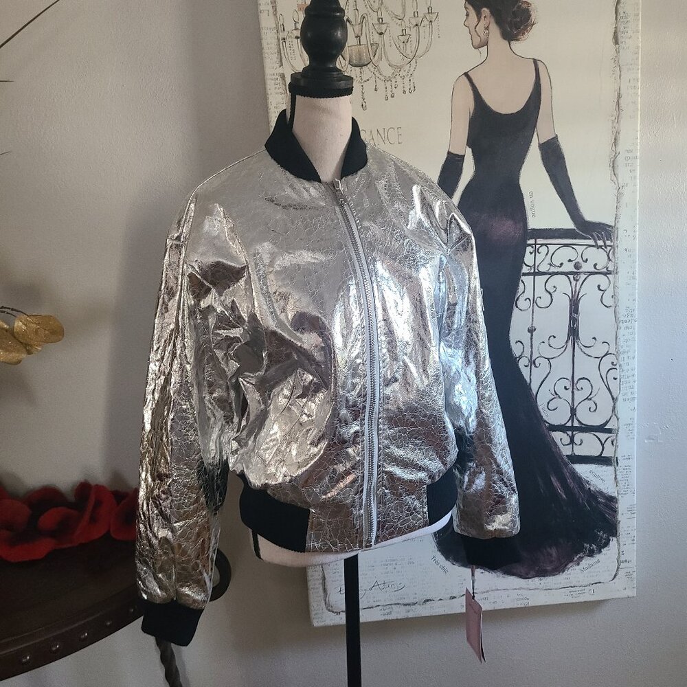 ANTHROPOLOGIE AVEC LES FILLES FAUX LEATHER BOMBER JACKET SILVER METALLIC NWT XS